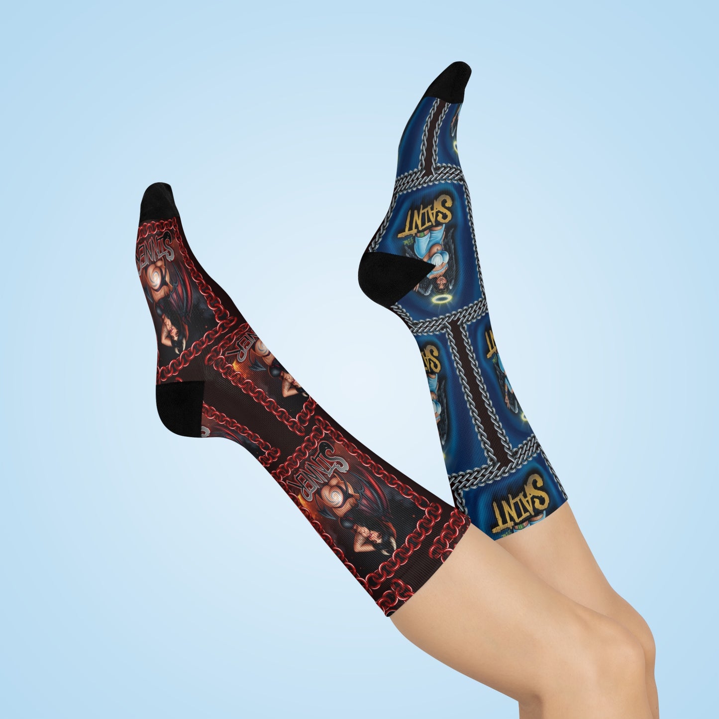 Saint & Sinner Crew Socks — Mismatched Blue and Red Graphic Cushioned Socks