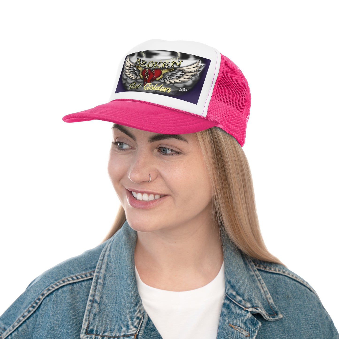 Broken but Golden trucker hat, artistic hat, custom art, artistic fashion