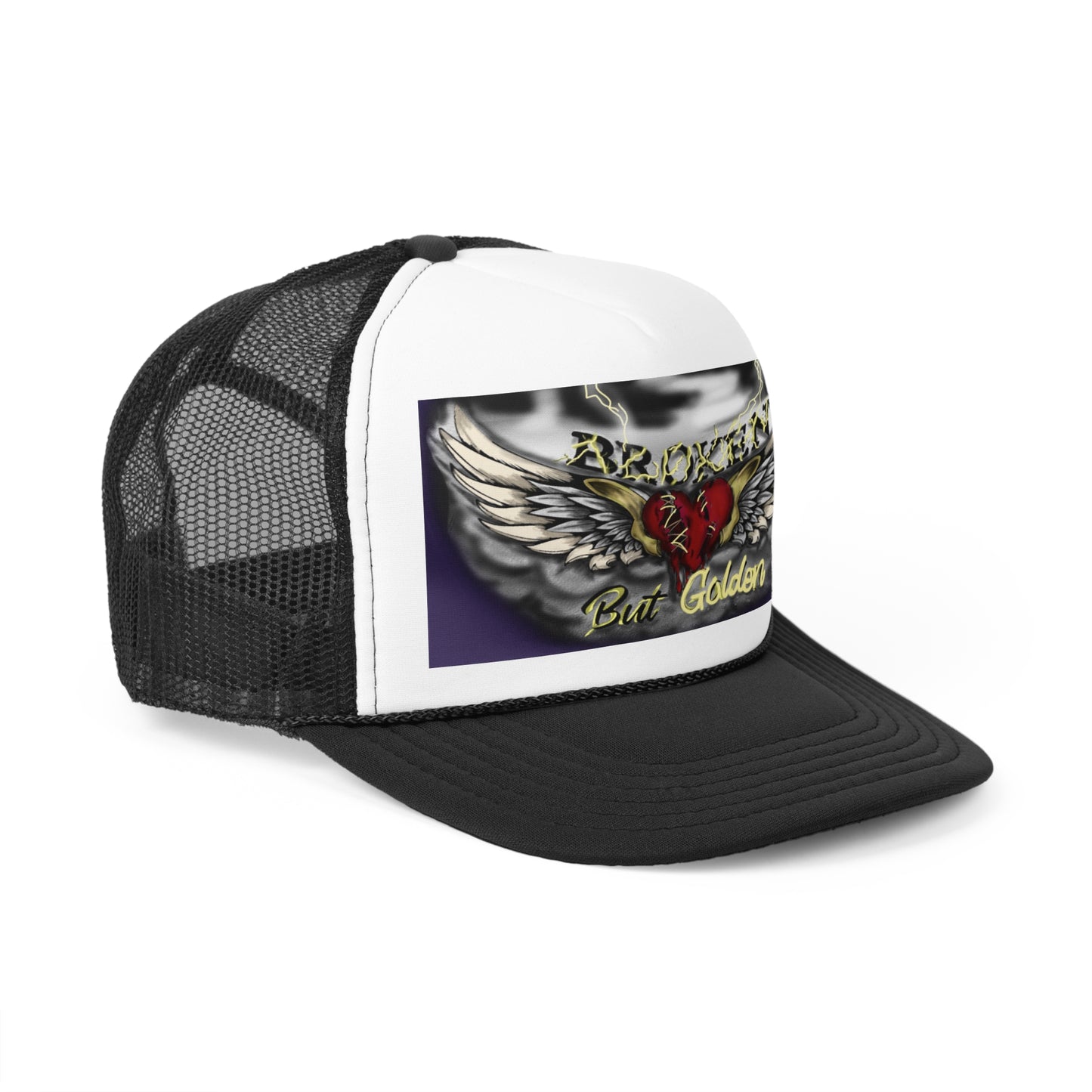 Broken but Golden trucker hat, artistic hat, custom art, artistic fashion