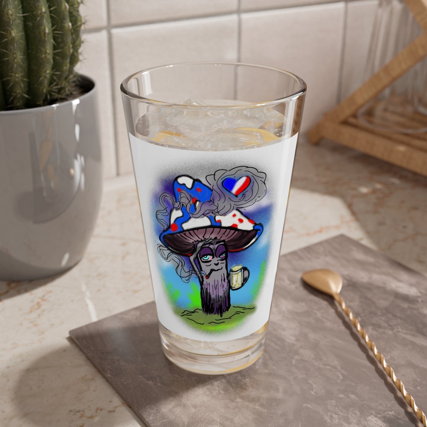 Patriotic Mushroom Mixing Glass, 16oz Beverage Tumbler, Unique Barware Gift, Retro Mushroom Design, Fun Drinkware for Parties, Housewarming Gift