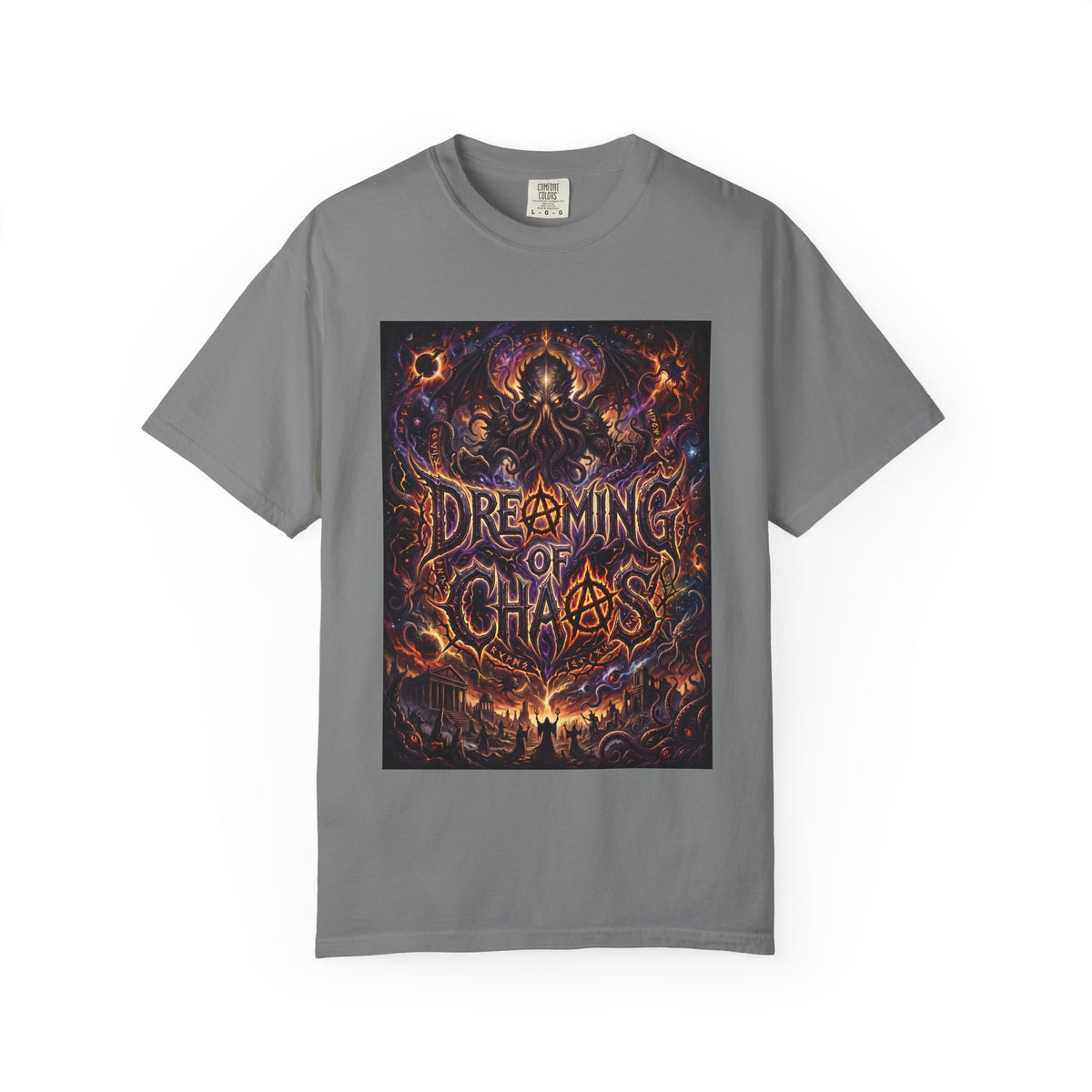Dreaming of Chaos heavyweight tee — grey, front view