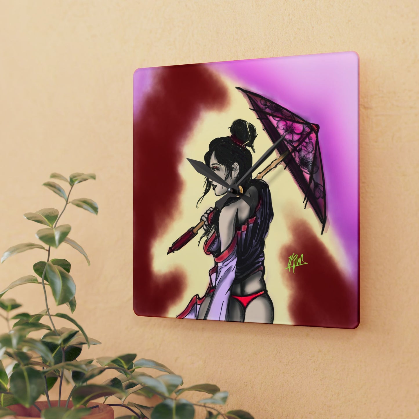 Chic Acrylic Wall Clock with Elegant Umbrella Design, Modern Home Decor, Asian Art, Unique Gift for Her, Wall Accent