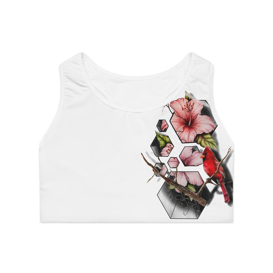 Floral Sports Bra with Cardinal Design, Activewear, Workout Top, Fitness Apparel, Gift for Her, Floral Print Sports Bra