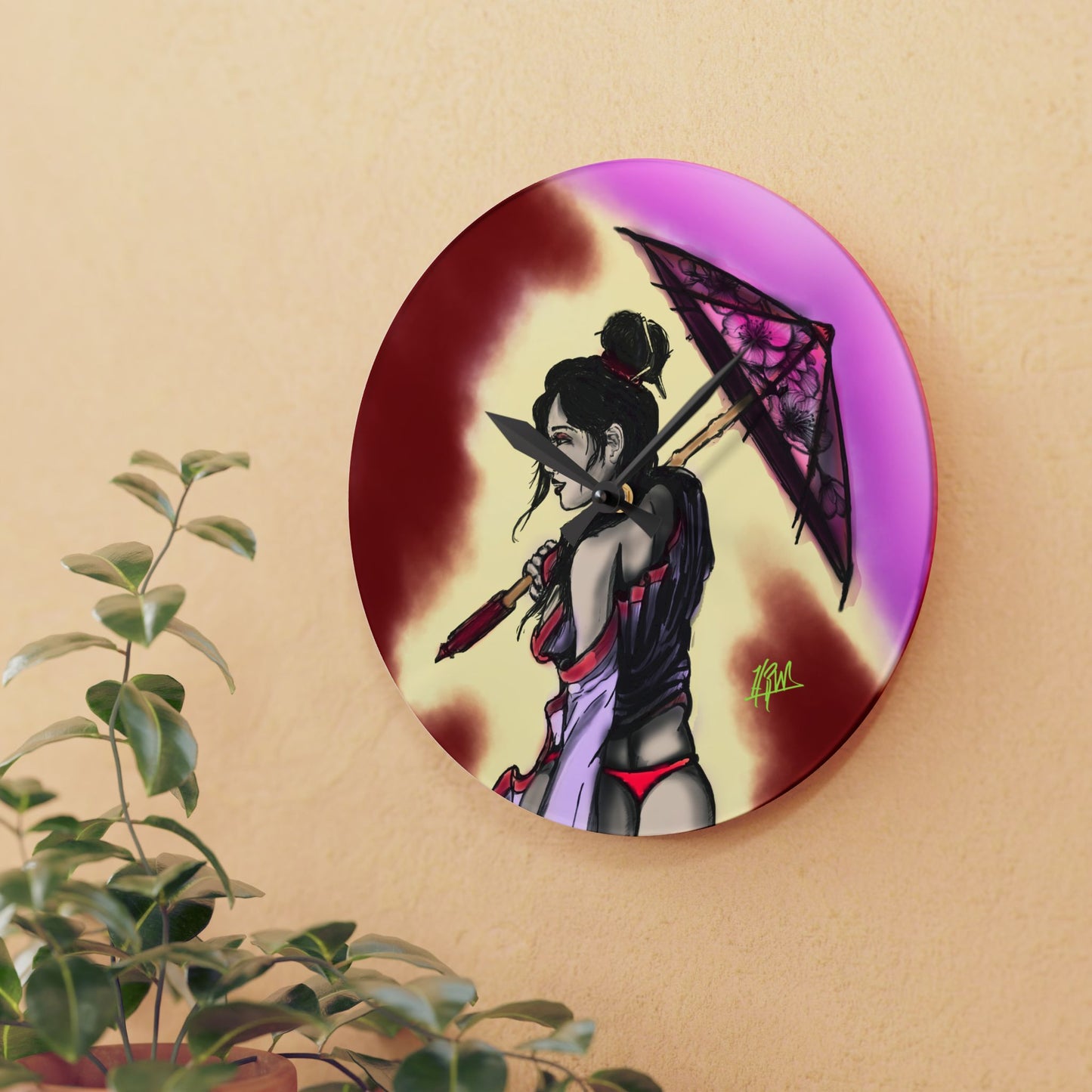 Chic Acrylic Wall Clock with Elegant Umbrella Design, Modern Home Decor, Asian Art, Unique Gift for Her, Wall Accent