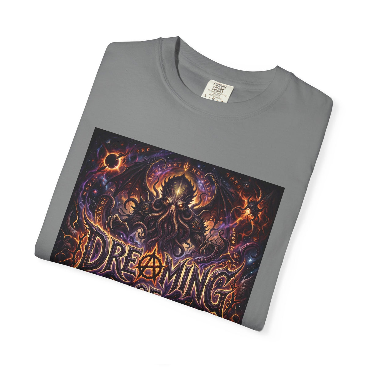 Dreaming of Chaos heavyweight tee — grey, folded