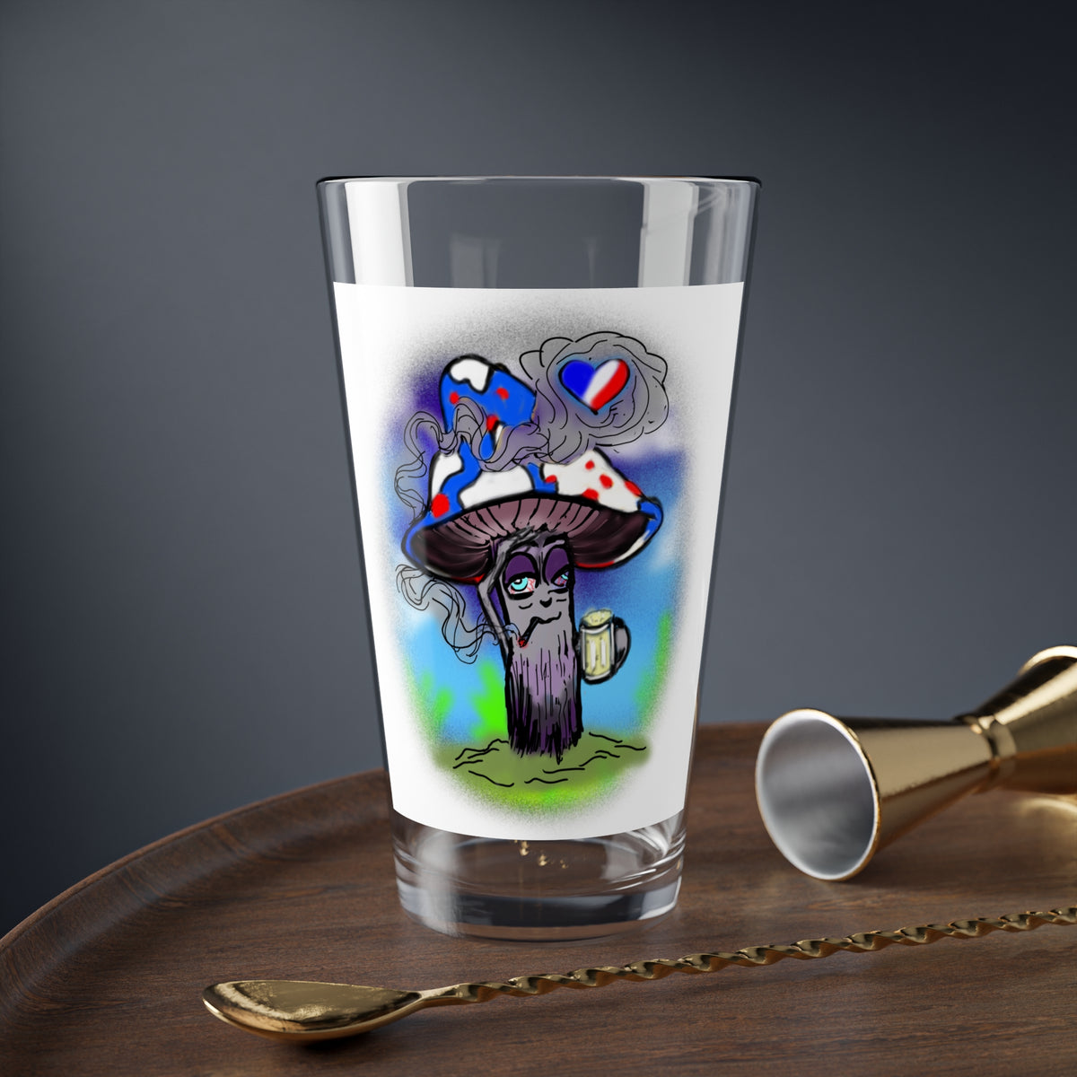 Patriotic Mushroom mixing glass featuring original artwork by Reese Wilson