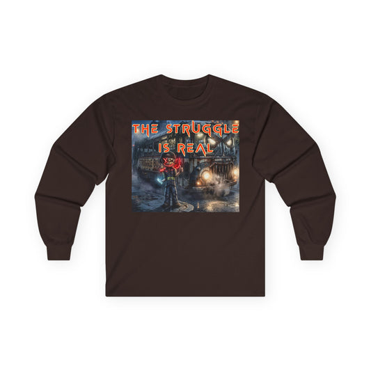 The Struggle Is Real long sleeve tee featuring a moody cinematic street scene by Reese Wilson