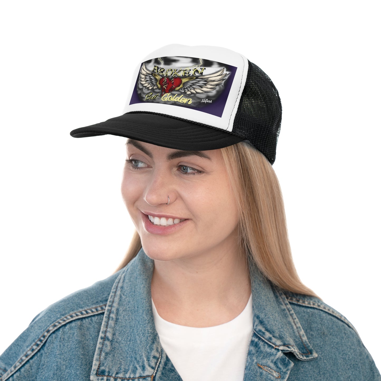 Broken but Golden trucker hat, artistic hat, custom art, artistic fashion