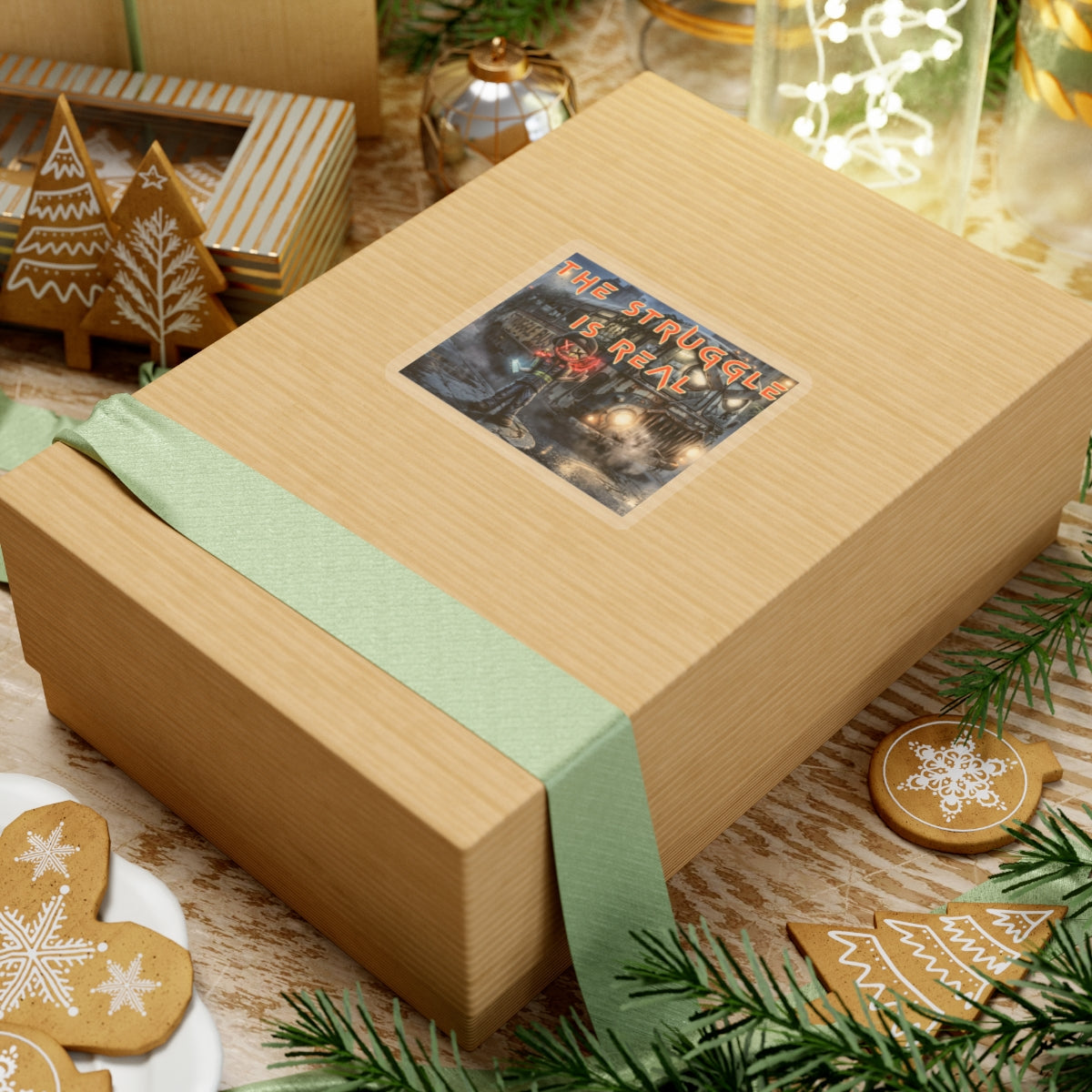 The Struggle Is Real kiss-cut sticker on a gift box — transparent finish, 3″ × 3″