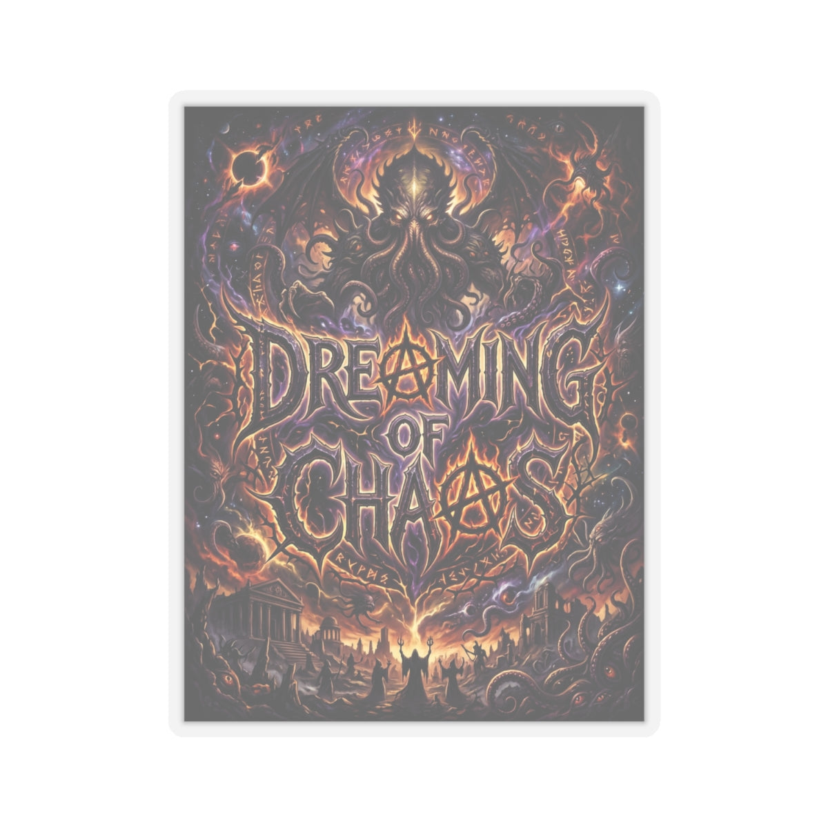 Dreaming of Chaos kiss-cut sticker — transparent finish, 4″ × 4″