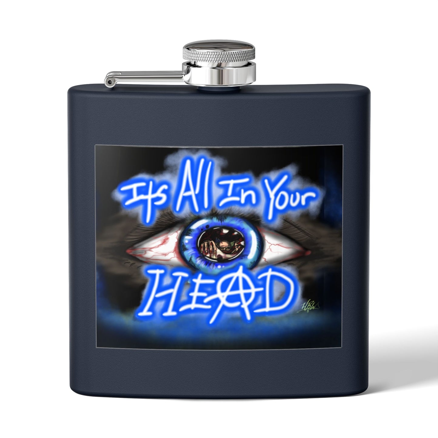 Edgy Stainless Steel Flask, 6oz for Festivals, Parties, Groomsmen Gift, Unique Bar Accessory, It's All In Your Head Design