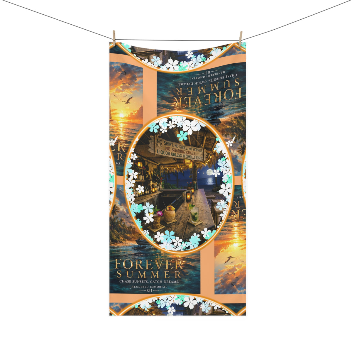 Forever Summer Beach Towel — Tropical Harbor Scene with 'Forever Summer' Text