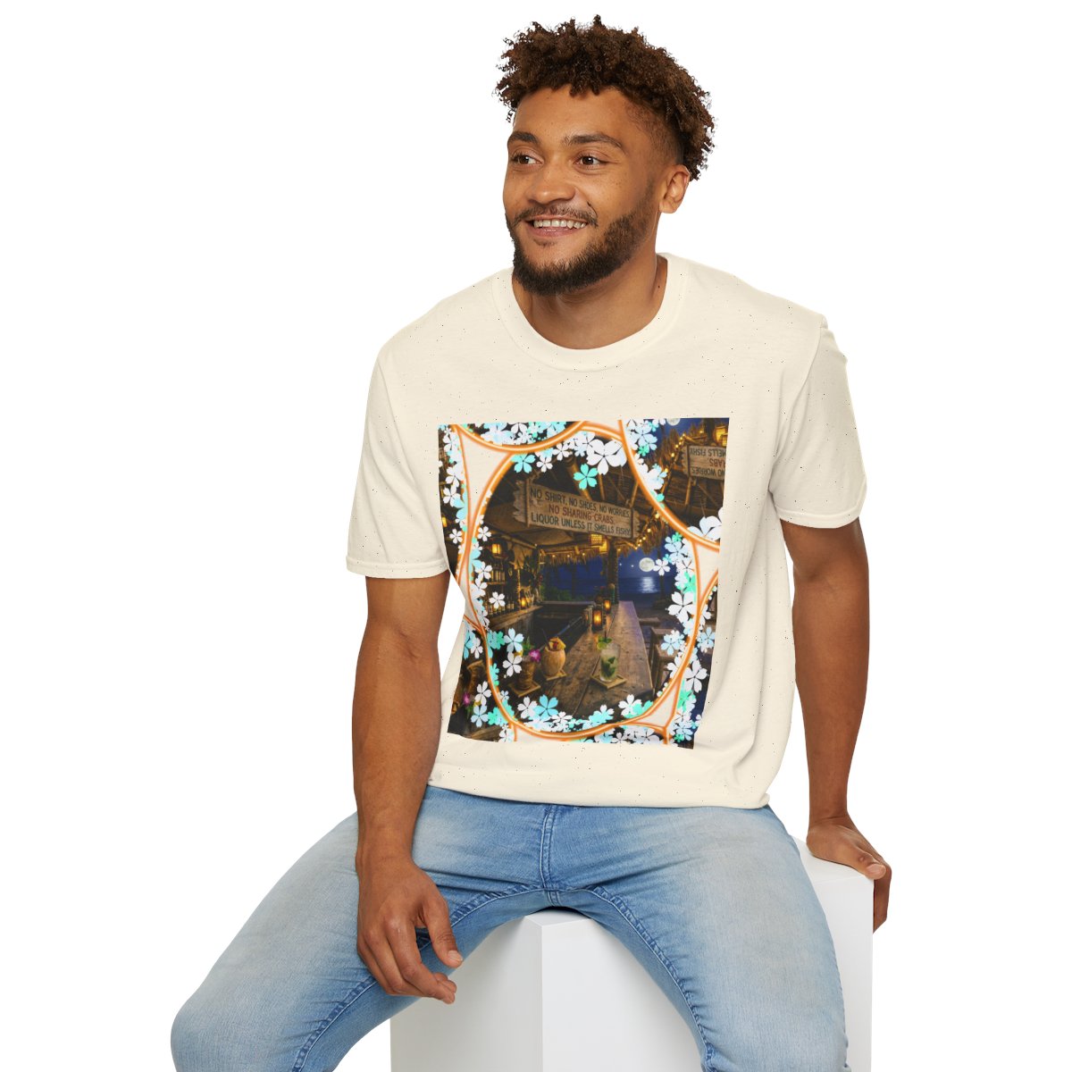 Beach Bar Funny Sign T-Shirt — Floral Frame Beach Bar Tee