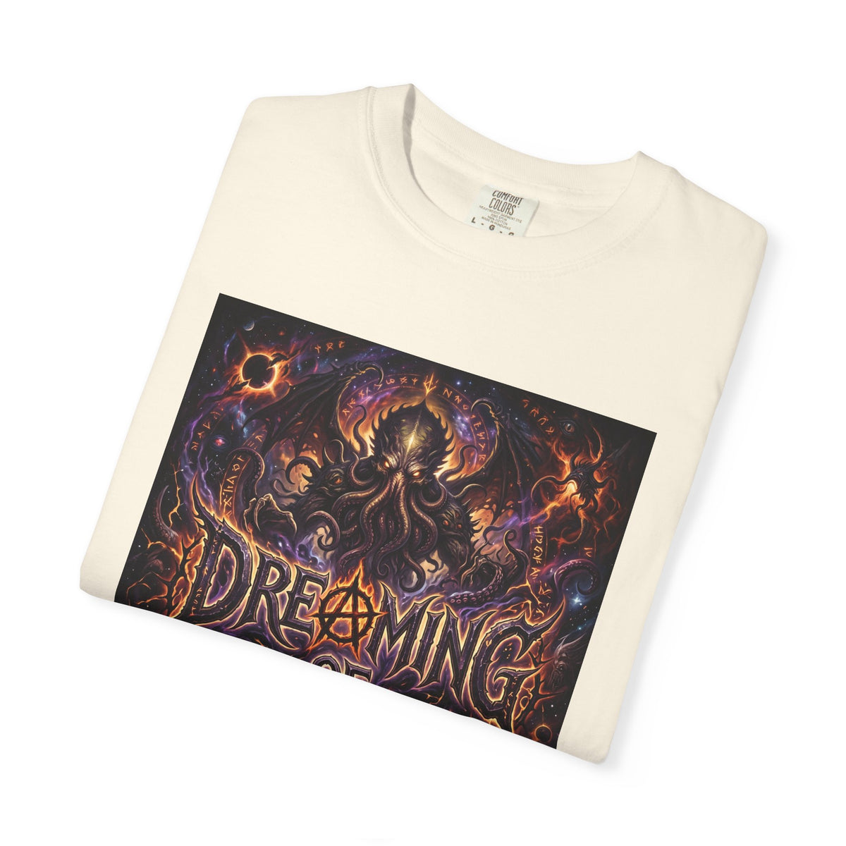 Dreaming of Chaos heavyweight tee — ivory, folded