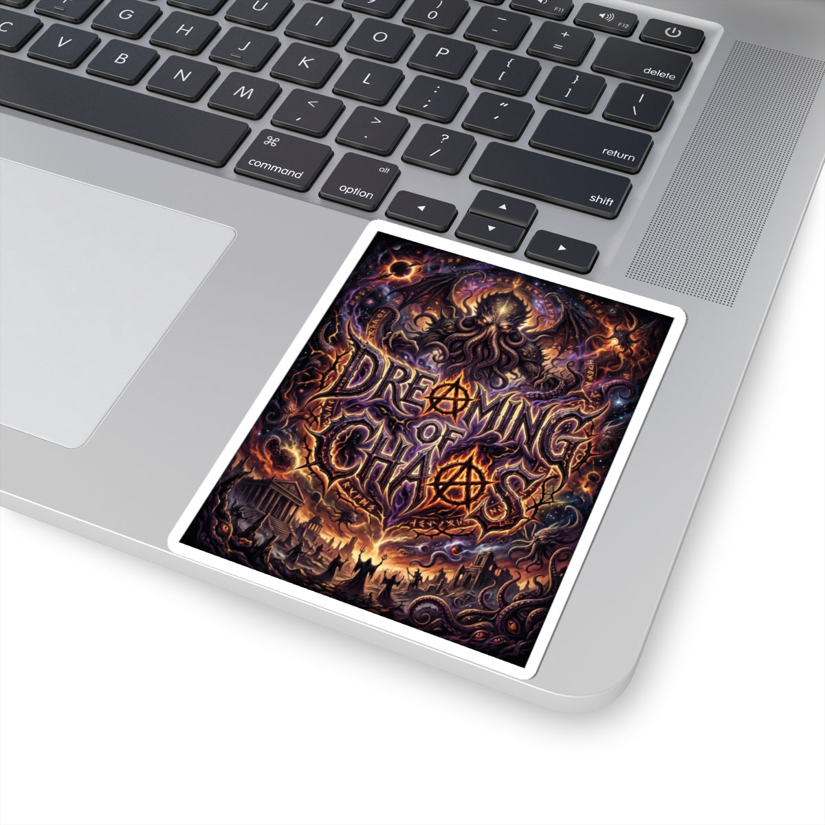 Dreaming of Chaos kiss-cut sticker on a laptop — white finish, 4″ × 4″