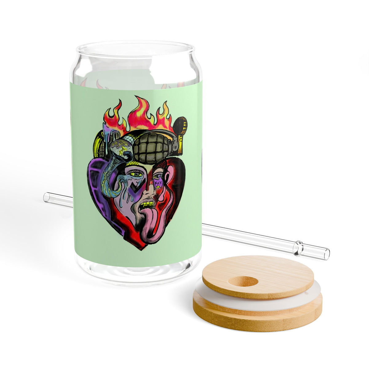 Heartfire 16oz Sipper Glass - Vibrant Design with Straw