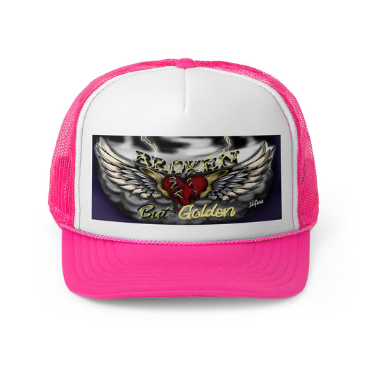 Broken but Golden trucker hat, artistic hat, custom art, artistic fashion
