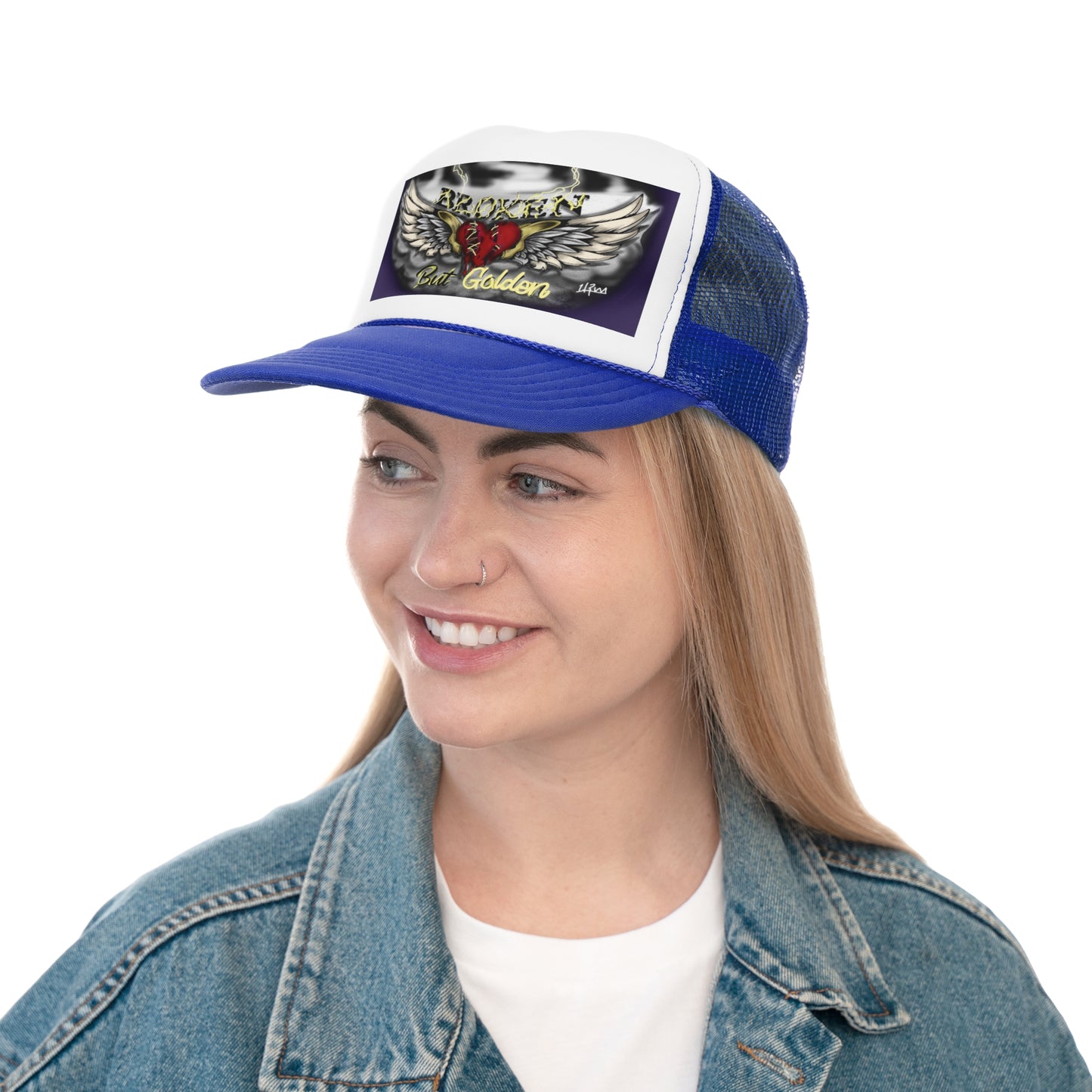 Broken but Golden trucker hat, artistic hat, custom art, artistic fashion