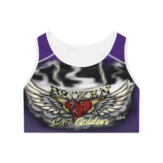 Edgy Graphic Sports Bra with Broken But Golden Design