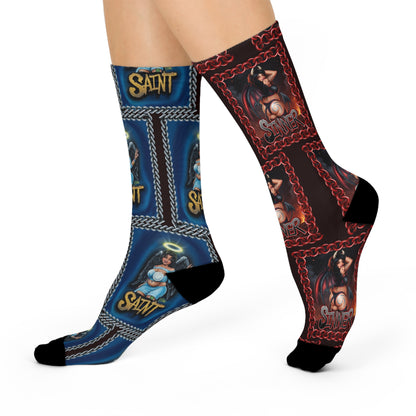 Saint & Sinner Crew Socks — Mismatched Blue and Red Graphic Cushioned Socks