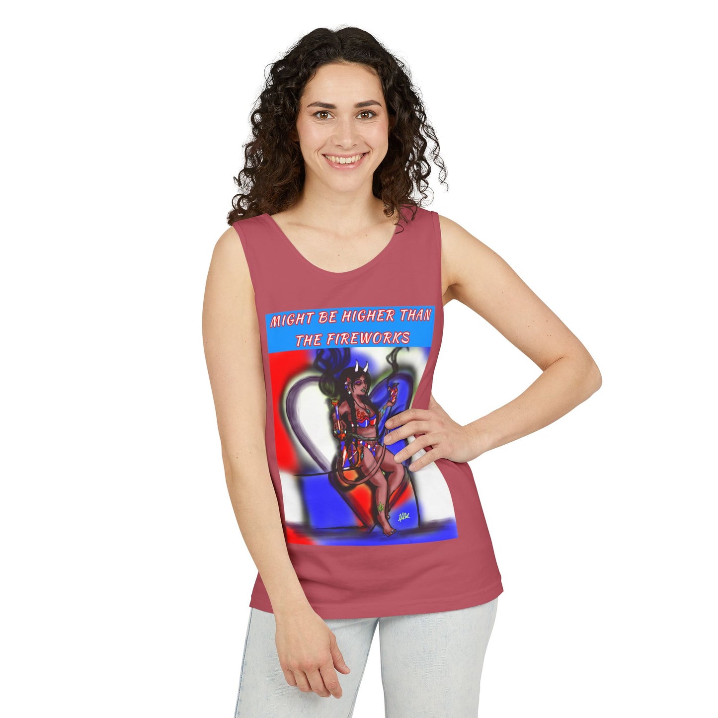 Vibrant Graphic Tank Top – Might Be Higher Than The Fireworks, Summer Apparel, Festival Wear, Unisex Fashion, Gift for Music Lovers