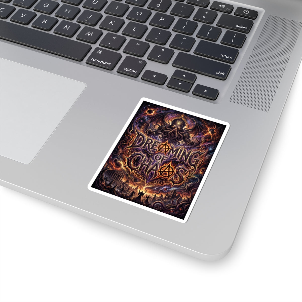 Dreaming of Chaos kiss-cut sticker on a laptop — white finish, 3″ × 3″