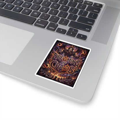 Dreaming of Chaos kiss-cut sticker on a laptop — white finish, 3″ × 3″