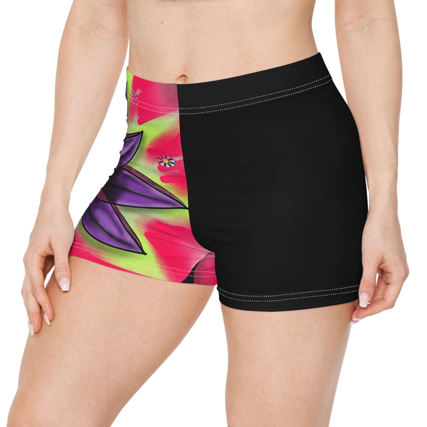 Vibrant Floral Women's Shorts, Trendy Summer Beachwear, Athletic Shorts, Trendy Lotus Design