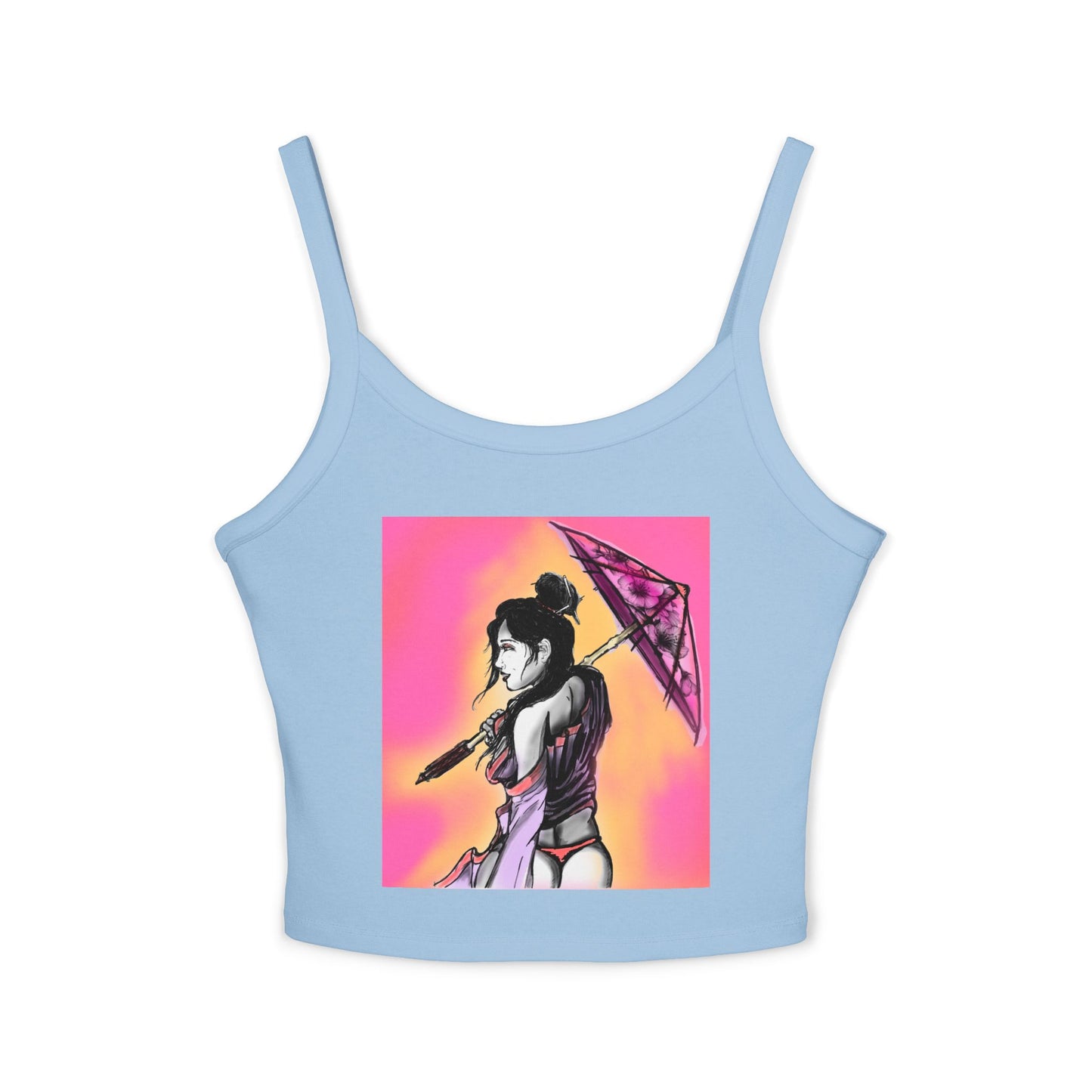 Vibrant Geisha Women's Spaghetti Strap Tank Top with Umbrella Design, Summer Wear, Beach Style, Festival Top, Casual Layering