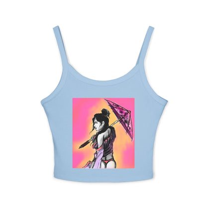 Vibrant Geisha Women's Spaghetti Strap Tank Top with Umbrella Design, Summer Wear, Beach Style, Festival Top, Casual Layering