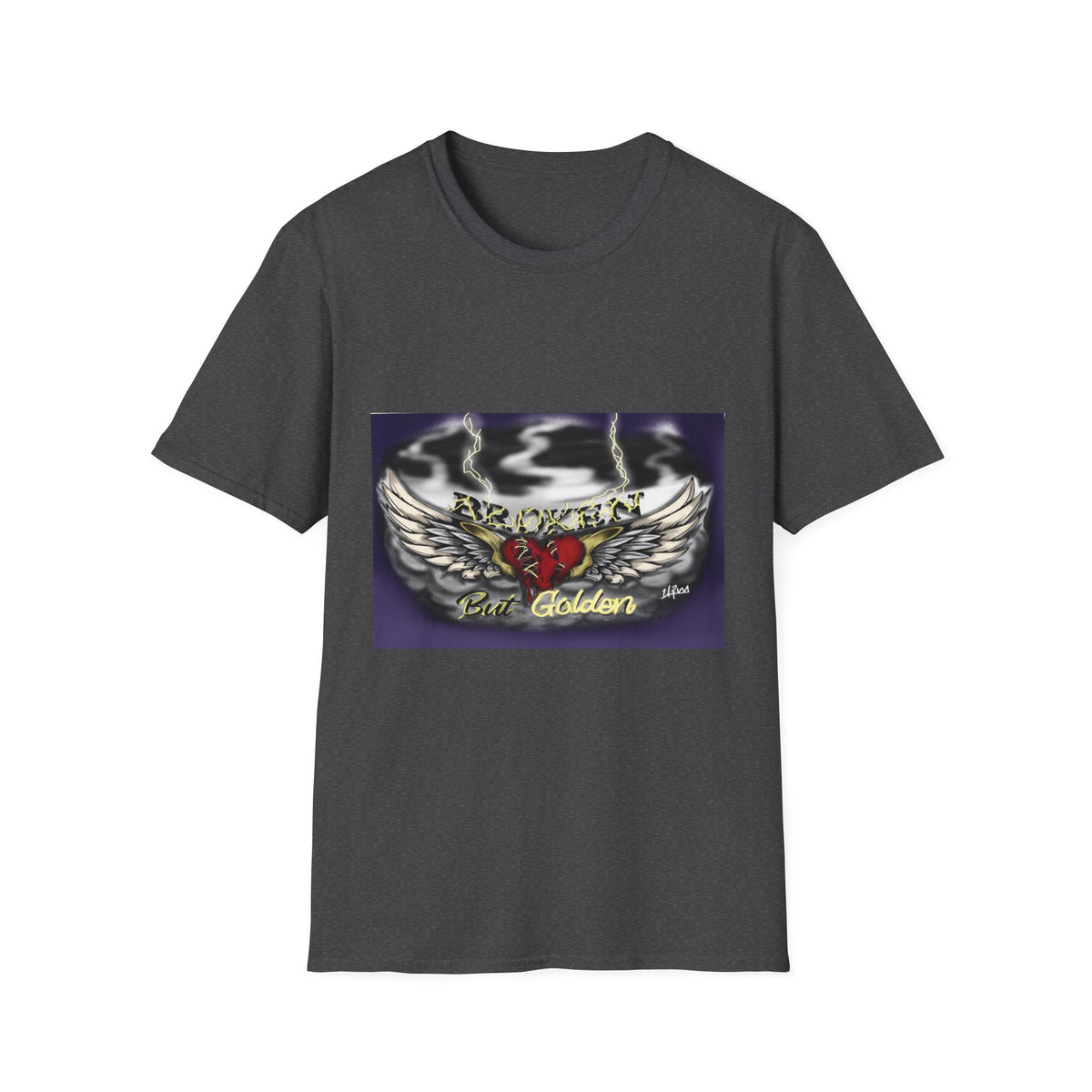 Broken But Golden graphic tee — dark heather, front view