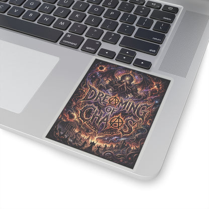 Dreaming of Chaos kiss-cut sticker on a laptop — transparent finish, 4″ × 4″