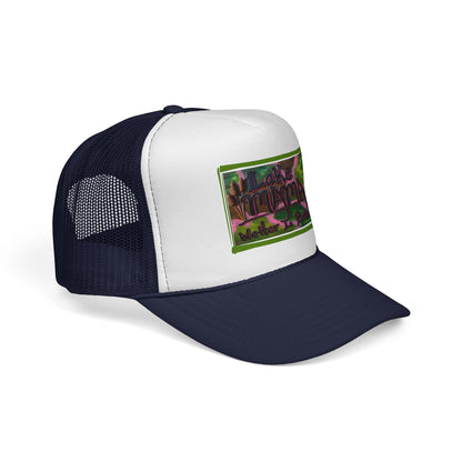 Lake Vibes Trucker Cap — Vintage Nature Graphic ‘Lake’ Mesh Hat