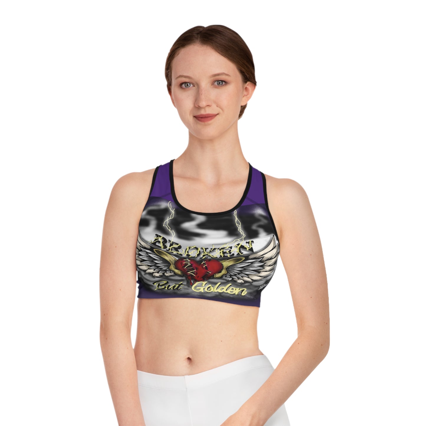 Edgy Graphic Sports Bra with Broken But Golden Design
