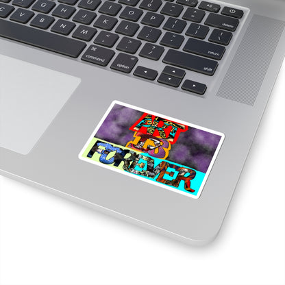 Art Is Forever kiss-cut sticker on a laptop — white finish, 3″ × 3″