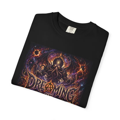 Dreaming of Chaos heavyweight tee — black, folded
