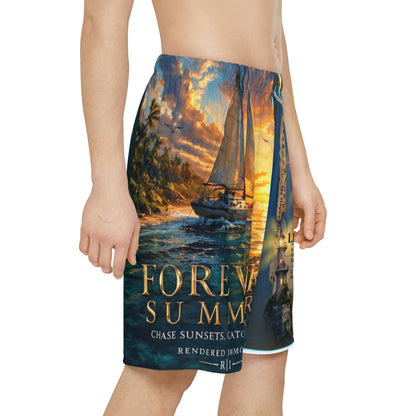Sailboat ‘Forever Summer’ Athletic Shorts — Beach Sunset Graphic Men’s Sports Shorts