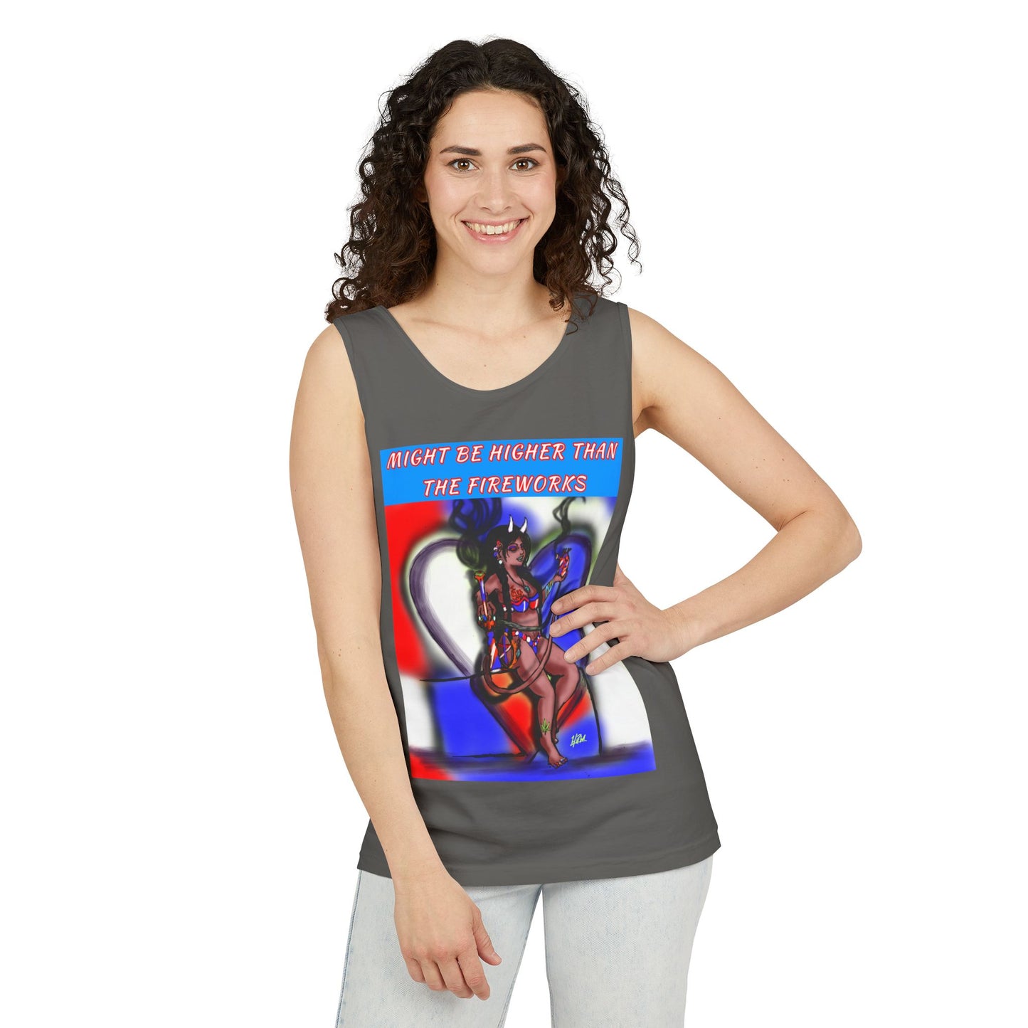 Vibrant Graphic Tank Top – Might Be Higher Than The Fireworks, Summer Apparel, Festival Wear, Unisex Fashion, Gift for Music Lovers