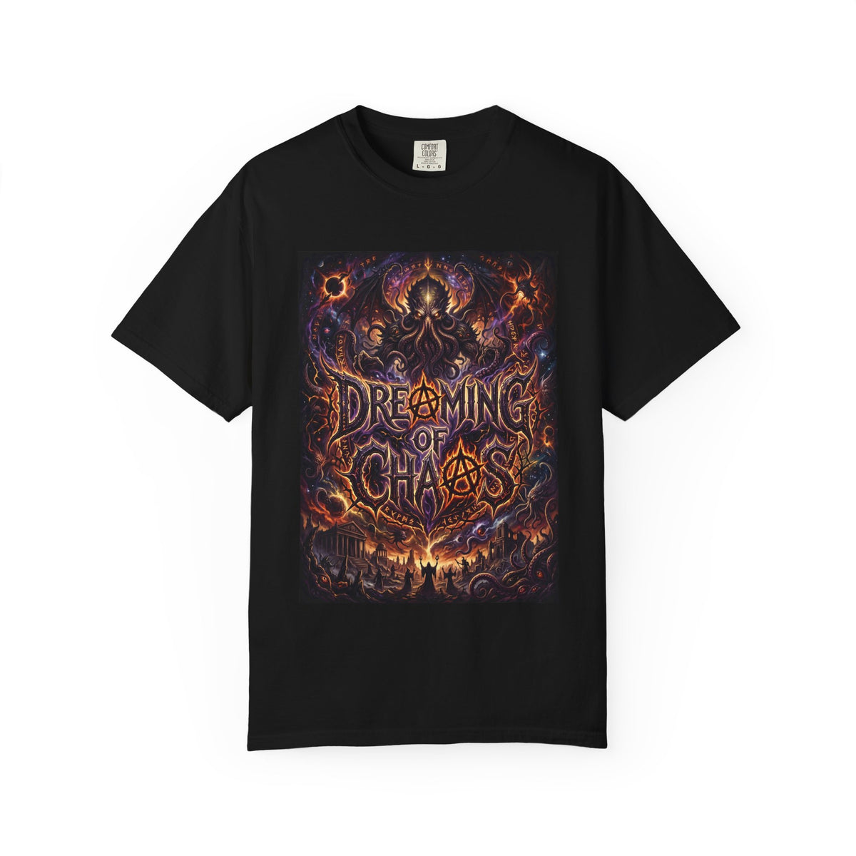 Dreaming of Chaos heavyweight tee — black, front view