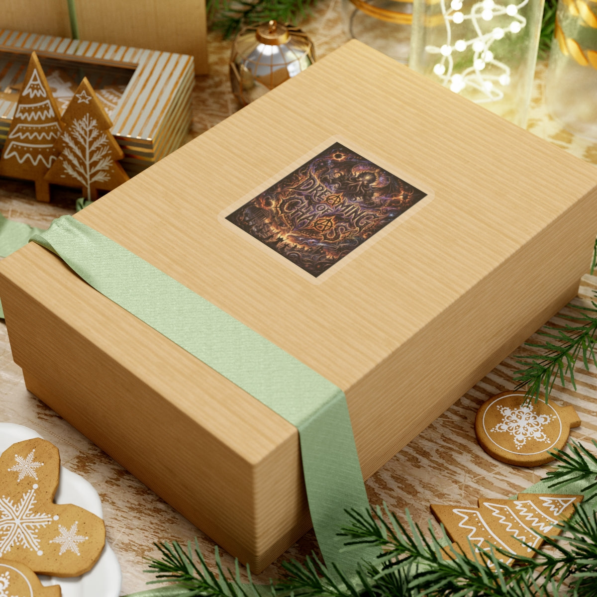 Dreaming of Chaos kiss-cut sticker on a gift box — transparent finish, 3″ × 3″