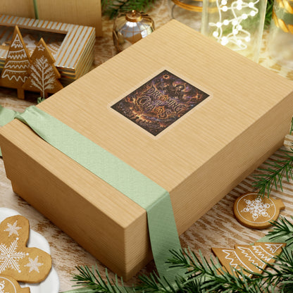 Dreaming of Chaos kiss-cut sticker on a gift box — transparent finish, 3″ × 3″