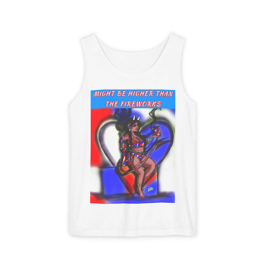 Vibrant Graphic Tank Top – Might Be Higher Than The Fireworks, Summer Apparel, Festival Wear, Unisex Fashion, Gift for Music Lovers