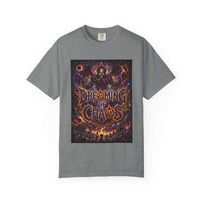 Dreaming of Chaos heavyweight tee — grey, front view