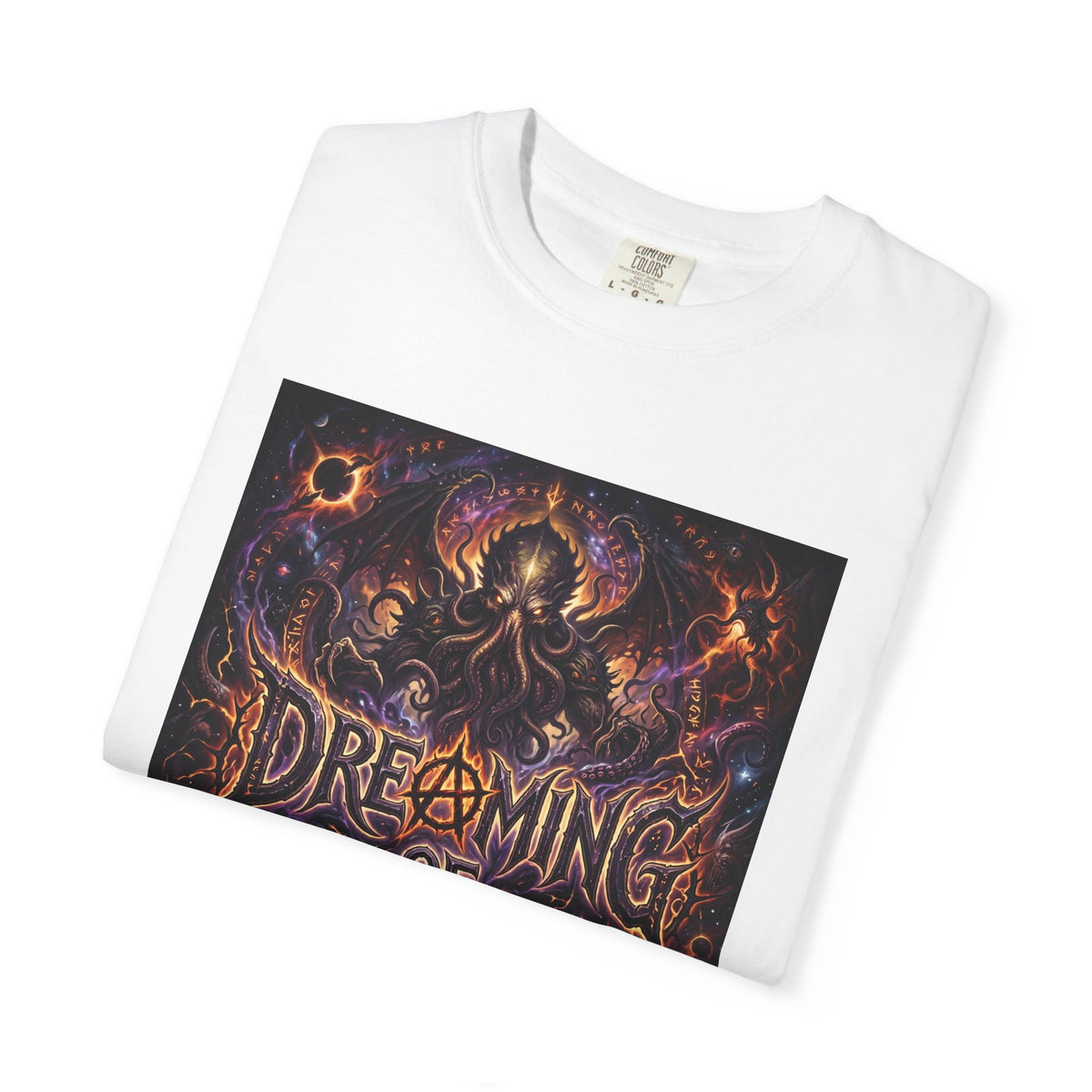 Dreaming of Chaos heavyweight tee — white, folded