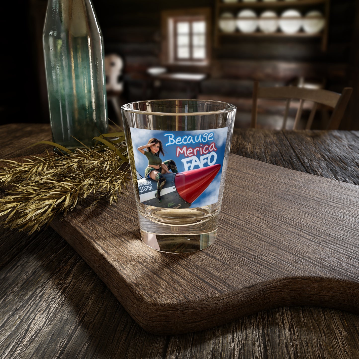 Because 'Merica bunker buster Shot Glass — Patriotic Funny 1.5oz Shooter Glass