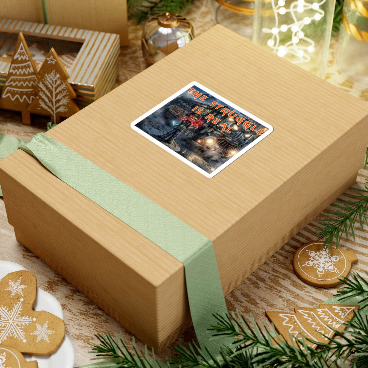 The Struggle Is Real kiss-cut sticker on a gift box — white finish, 3″ × 3″