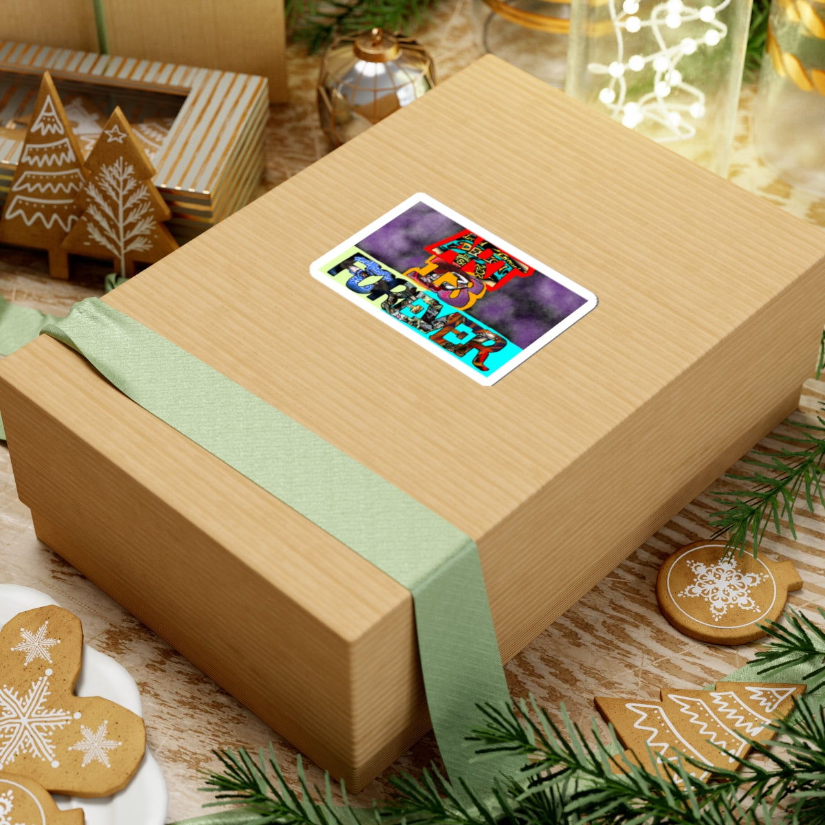 Art Is Forever kiss-cut sticker on a gift box — white finish, 3″ × 3″