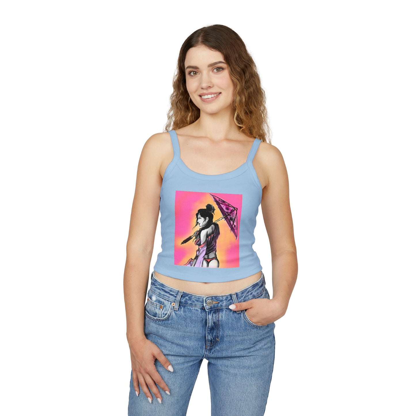 Vibrant Geisha Women's Spaghetti Strap Tank Top with Umbrella Design, Summer Wear, Beach Style, Festival Top, Casual Layering