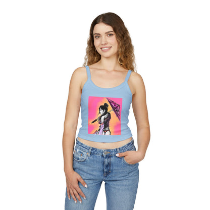 Vibrant Geisha Women's Spaghetti Strap Tank Top with Umbrella Design, Summer Wear, Beach Style, Festival Top, Casual Layering