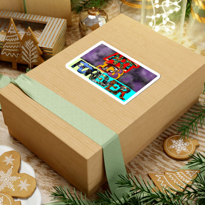 Art Is Forever kiss-cut sticker on a gift box — white finish, 4″ × 4″